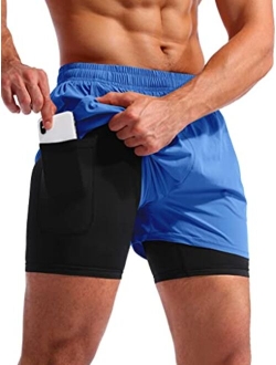 Men's 2 in 1 Running Athletic Shorts 5" Quick Dry Workout Shorts with Liner Zipper Pocket