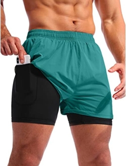 Men's 2 in 1 Running Athletic Shorts 5" Quick Dry Workout Shorts with Liner Zipper Pocket