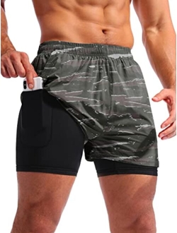 Men's 2 in 1 Running Athletic Shorts 5" Quick Dry Workout Shorts with Liner Zipper Pocket