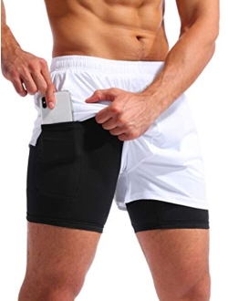 Men's 2 in 1 Running Athletic Shorts 5" Quick Dry Workout Shorts with Liner Zipper Pocket