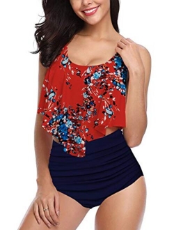 Women Ruffled Overlay High Waist Tankini Tummy Control Bathing Suits