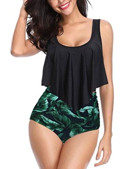 Women Ruffled Overlay High Waist Tankini Tummy Control Bathing Suits