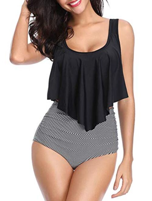 Angerella Women Ruffled Overlay High Waist Tankini Tummy Control Bathing Suits