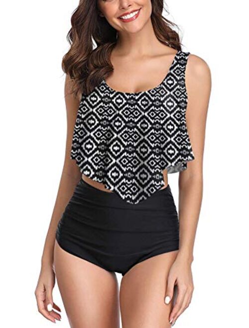 Angerella Women Ruffled Overlay High Waist Tankini Tummy Control Bathing Suits