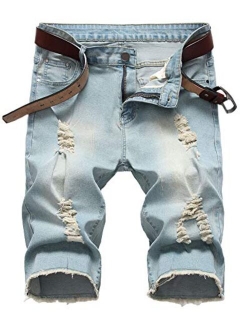 SHOOYING Men's Ripped Denim Shorts, No Belt