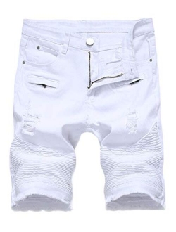 SHOOYING Men's Ripped Denim Shorts, No Belt