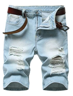 SHOOYING Men's Ripped Denim Shorts, No Belt