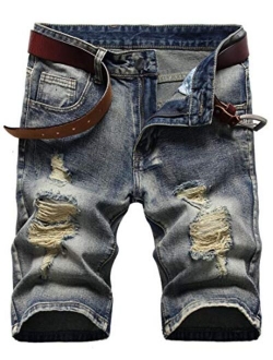 SHOOYING Men's Ripped Denim Shorts, No Belt