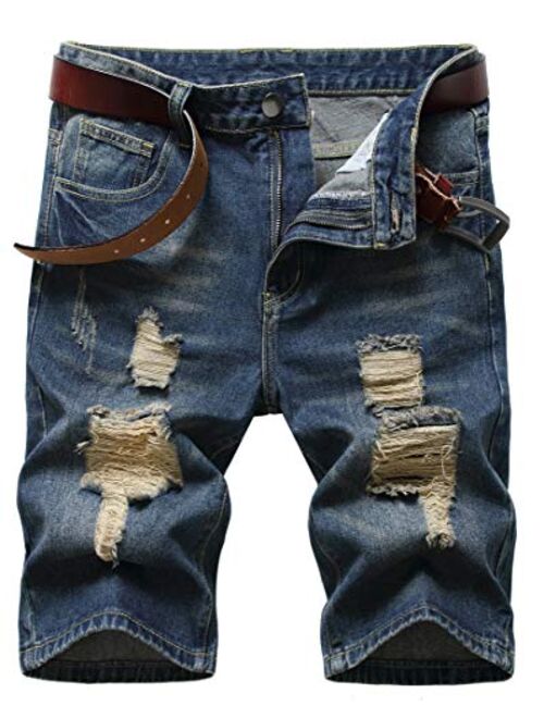 SHOOYING Men's Ripped Denim Shorts, No Belt