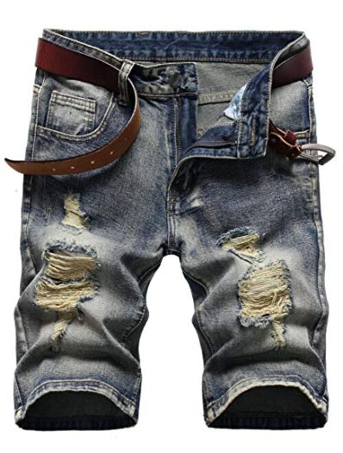 SHOOYING Men's Ripped Denim Shorts, No Belt