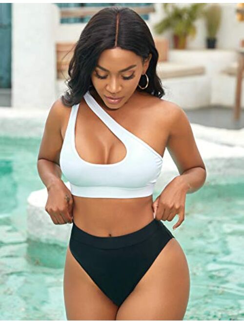 Women One Shoulder Bikini High Waisted Cutout Crop Top Swimsuit Sports Two  Piece Padded Push Up High Cut Bathing Suit