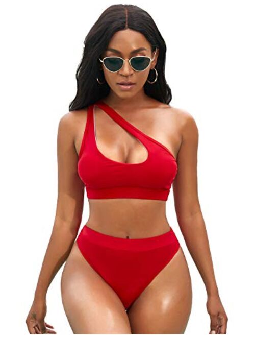 NAFLEAP Women's One Shoulder Sport Bikini Set High Waisted Cutout Swimsuit Crop Top Bathing Suit