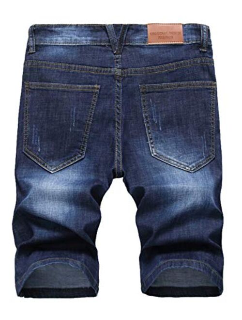 FEESON Men's Comfortable Washed Ripped Relaxed Denim Cropped Jeans Shorts