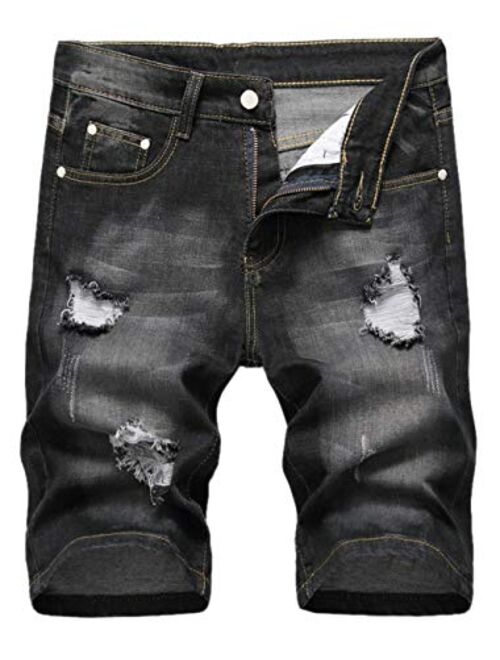 FEESON Men's Comfortable Washed Ripped Relaxed Denim Cropped Jeans Shorts