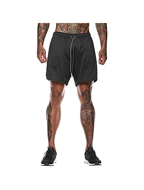 HANERDUN Men 2 in 1 Workout Running Athletic Shorts Sport Pants with Pocket