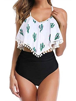 Women High Waisted Swimsuit Flounce Swimwear Racerback Vintage Two Piece Bikini