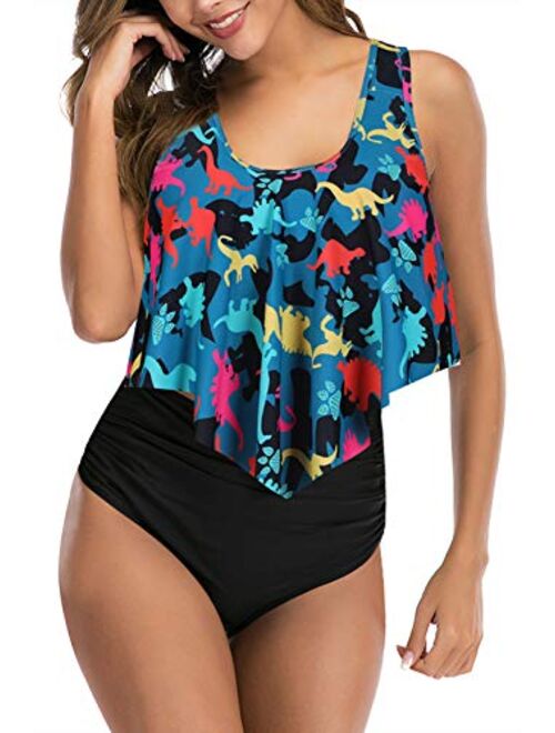 Women High Waisted Swimsuit Flounce Swimwear Racerback Vintage Two Piece Bikini