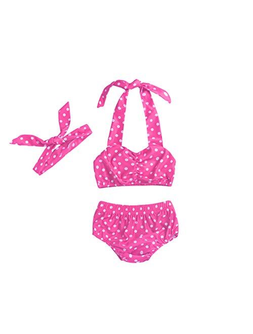 Baby Girl Bikini, Kids Toddler Polka Dot Swimsuits Halter Swimwear Bikinis Set with Headband