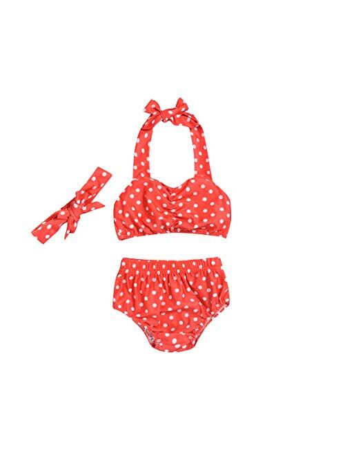 Infant Kids Baby Girls Swimwear Straps Dots Split Swimsuit Bikini Tops+Shorts+ Headbands 3 Piece Set