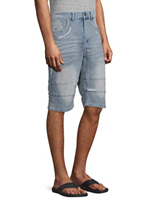 Rocawear Men's Conductor 5-Pocket Premium Stretch Denim Shorts with Paint Details (Dry Blue Wash)