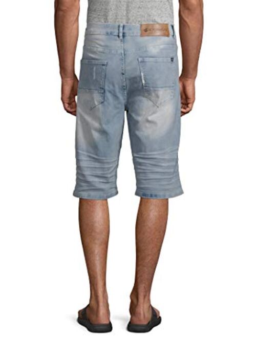 Rocawear Men's Conductor 5-Pocket Premium Stretch Denim Shorts with Paint Details (Dry Blue Wash)