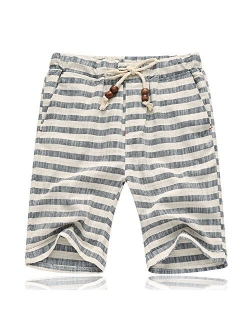 Banana Bucket Men’s Summer Casual Linen Drawstring Striped Beach Shorts