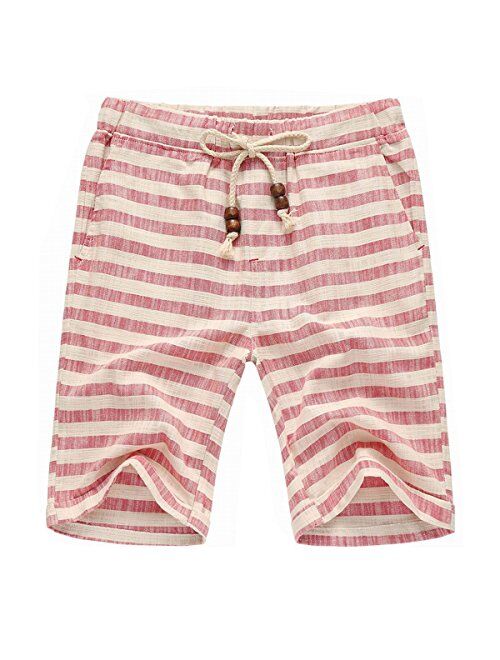 Banana Bucket Men’s Summer Casual Linen Drawstring Striped Beach Shorts