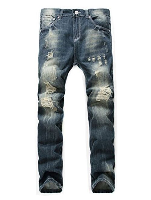 Banana Bucket Men's Ripped Slim Straight fit Biker Jeans with Zipper Deco