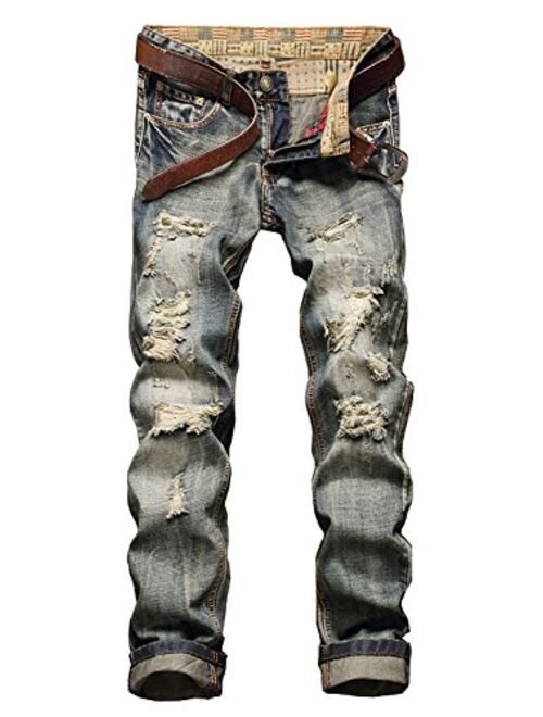 Banana Bucket Men's Ripped Slim Straight fit Biker Jeans with Zipper Deco