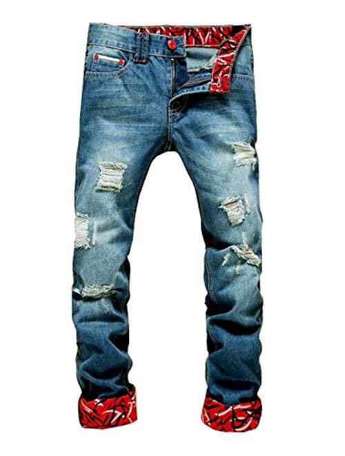 Banana Bucket Men's Ripped Slim Straight fit Biker Jeans with Zipper Deco