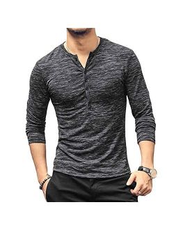 Mens Notch Neck Shirts, Casual Slim Fit Solid Color Long Sleeve T-Shirts