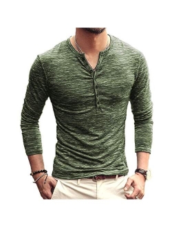 Mens Notch Neck Shirts, Casual Slim Fit Solid Color Long Sleeve T-Shirts