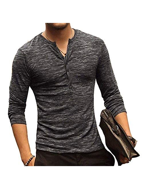 Mens Notch Neck Shirts, Casual Slim Fit Solid Color Long Sleeve T-Shirts