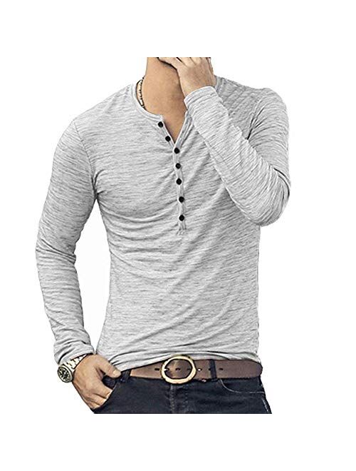 Mens Notch Neck Shirts, Casual Slim Fit Solid Color Long Sleeve T-Shirts