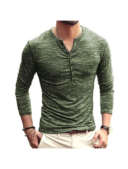 Buy Mens Notch Neck Shirts, Casual Slim Fit Solid Color Long Sleeve T ...