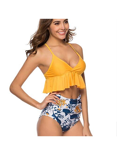 NUUR High Waisted Bathing Suit for Women Ruffle Off Shoulder Swimsuit Flounce Bikini Tummy Control