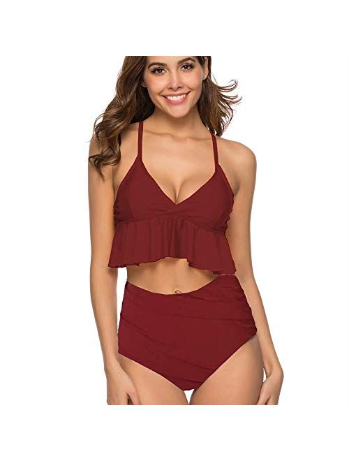 NUUR High Waisted Bathing Suit for Women Ruffle Off Shoulder Swimsuit Flounce Bikini Tummy Control