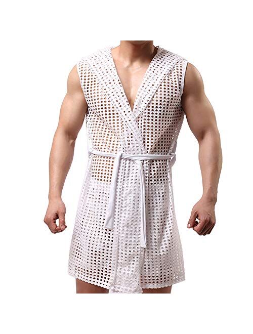 Banana Bucket US Mens Hollow Openwork Hooded Mesh See-Through Lingerie Sleepwear Pajamas