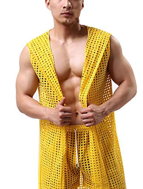 Banana Bucket US Mens Hollow Openwork Hooded Mesh See-Through Lingerie Sleepwear Pajamas