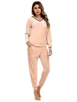 Irevial Women's Striped V Neck Lounge Sets 2 Piece Pajamas Sleepwear Joggers Tracksuit