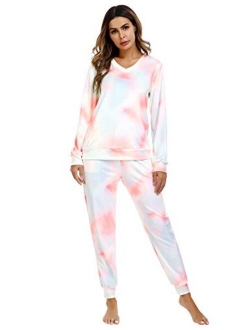 Irevial Women's Striped V Neck Lounge Sets 2 Piece Pajamas Sleepwear Joggers Tracksuit