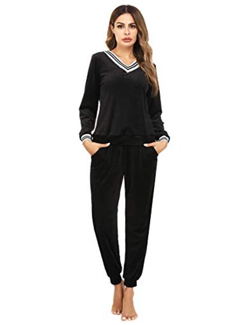 Irevial Women's Striped V Neck Lounge Sets 2 Piece Pajamas Sleepwear Joggers Tracksuit