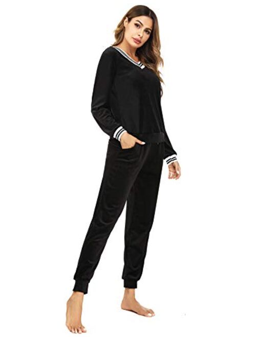 Irevial Women's Striped V Neck Lounge Sets 2 Piece Pajamas Sleepwear Joggers Tracksuit