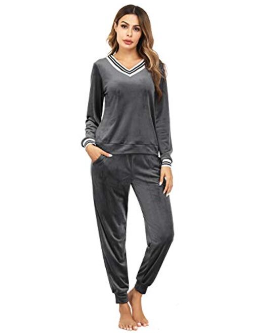 Irevial Women's Striped V Neck Lounge Sets 2 Piece Pajamas Sleepwear Joggers Tracksuit