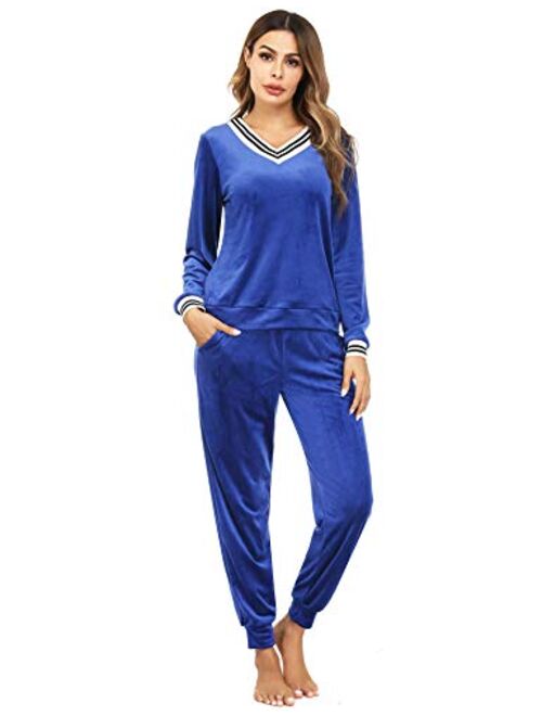 Irevial Women's Striped V Neck Lounge Sets 2 Piece Pajamas Sleepwear Joggers Tracksuit