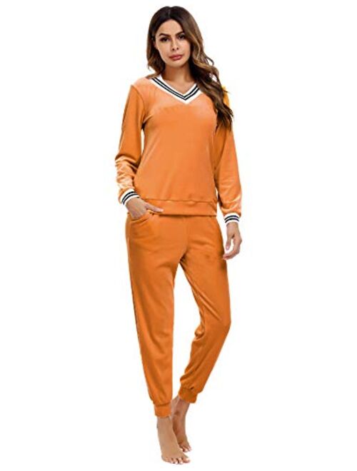 Irevial Women's Striped V Neck Lounge Sets 2 Piece Pajamas Sleepwear Joggers Tracksuit