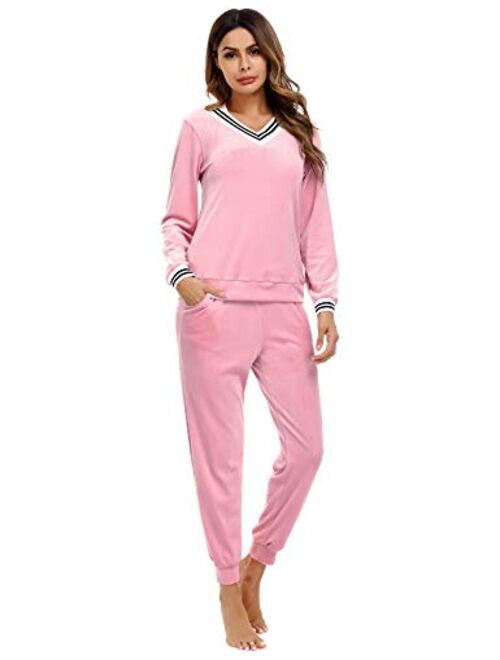 Irevial Women's Striped V Neck Lounge Sets 2 Piece Pajamas Sleepwear Joggers Tracksuit