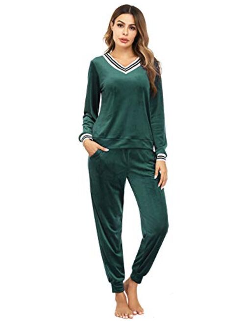 Irevial Women's Striped V Neck Lounge Sets 2 Piece Pajamas Sleepwear Joggers Tracksuit