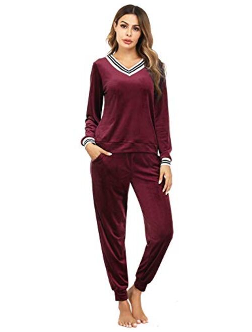 Irevial Women's Striped V Neck Lounge Sets 2 Piece Pajamas Sleepwear Joggers Tracksuit