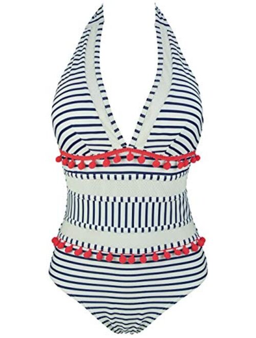 COCOSHIP Women's Plunging Neck Striped Mesh One Piece Backless Bather Swimsuit Pom Pom Tassel Swimwear